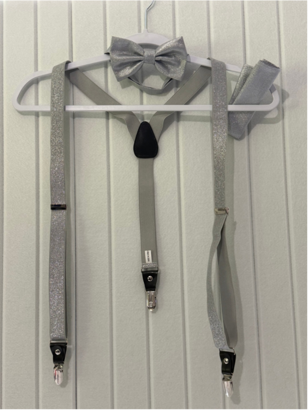 Silver Sparkle Suspenders, Bow Tie & Pocket Square Set – Formal / Prom / Wedding